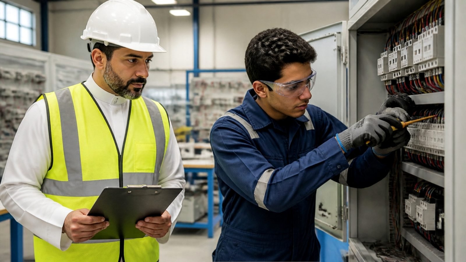 Assessor observing a trainee technician